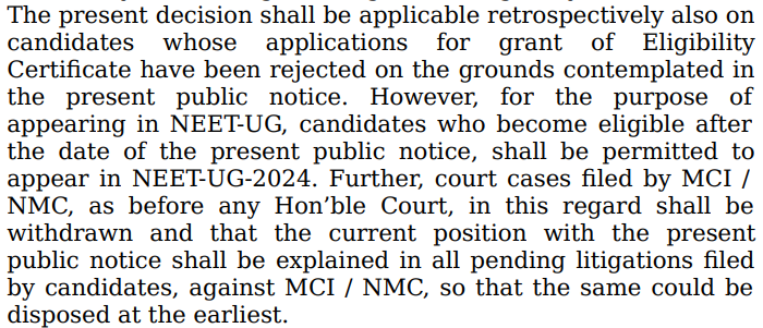 NMC Note on eligibility for NEET 2024